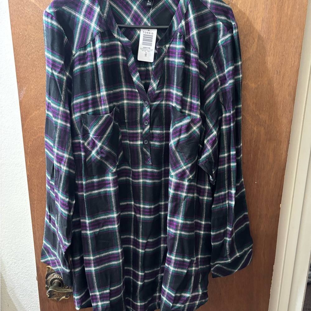 Plaid Button-Up Shirt in Purple and Green